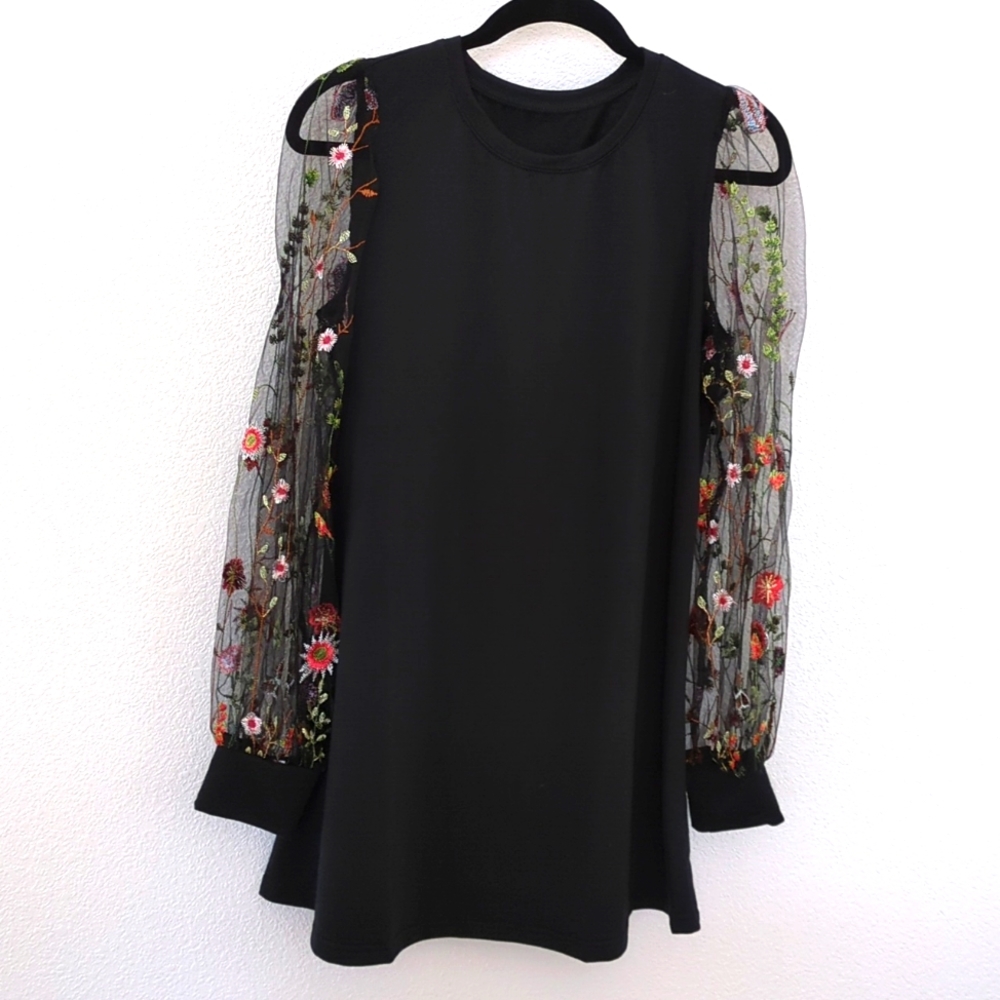 Floral Embroidery Mesh Long Sleeved Mini Dress